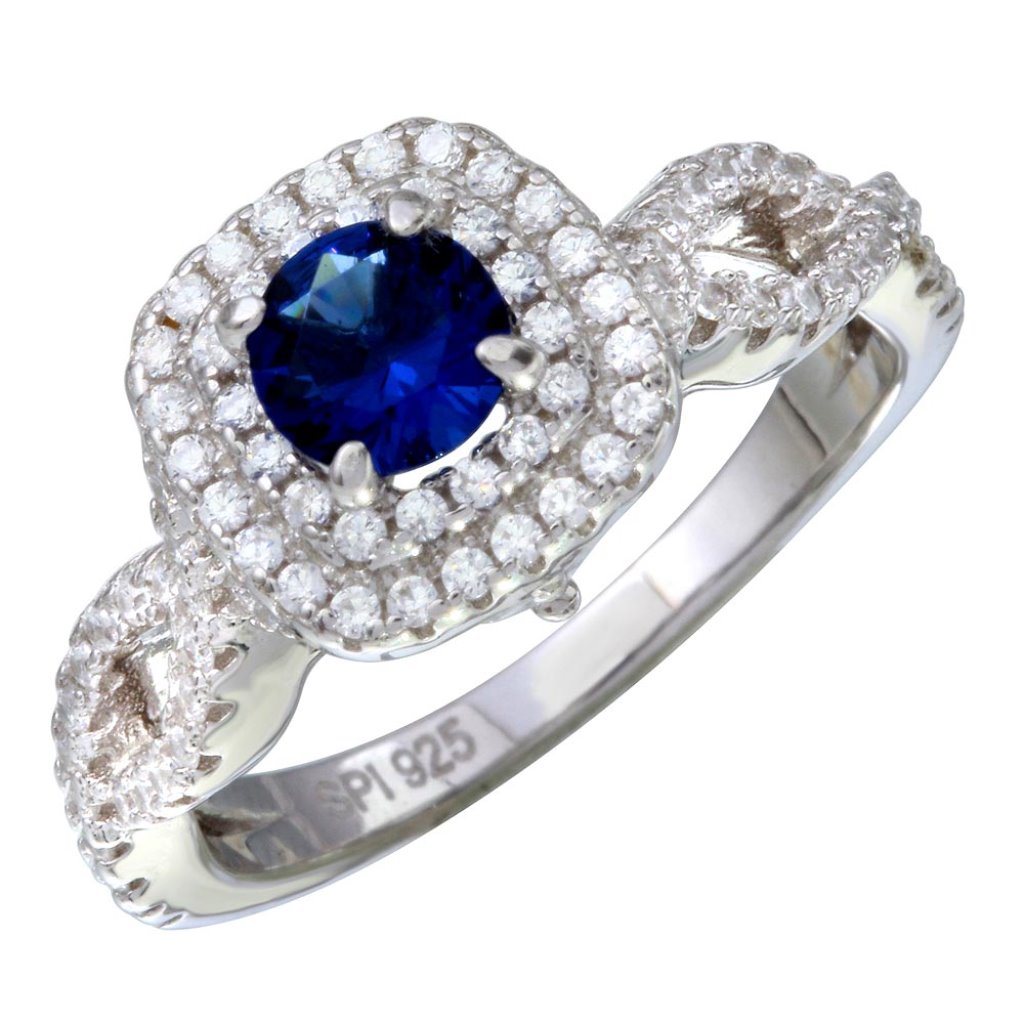 Sterling Silver 925 Rhodium Plated Blue And Clear Cz Ring 89$